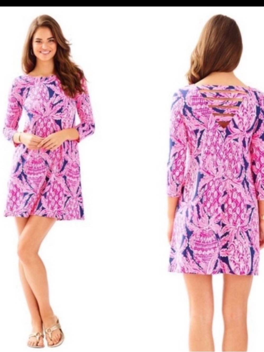 Lilly Pulitzer Ophelia Swing Dress Bright Navy Coco Safari Pink Pineapple Large